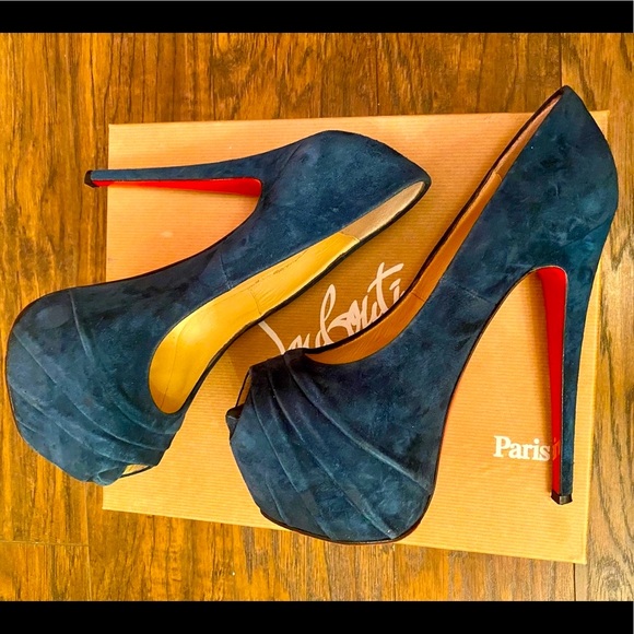 Christian Louboutin Drapesse 160 Suede Teal Peep Toe Heels